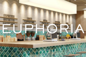 Colorful tile in cafe bar with section text "Euphoria".