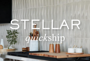 Subway tile backsplash in kitchen with section text "Stellar Quickship".