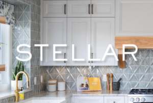 Decorative subway tile kitchen backsplash with section text "Stellar".