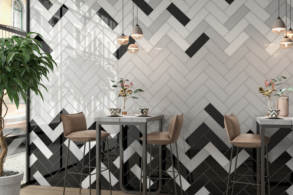 Black and white herringbone kitchen tiles
