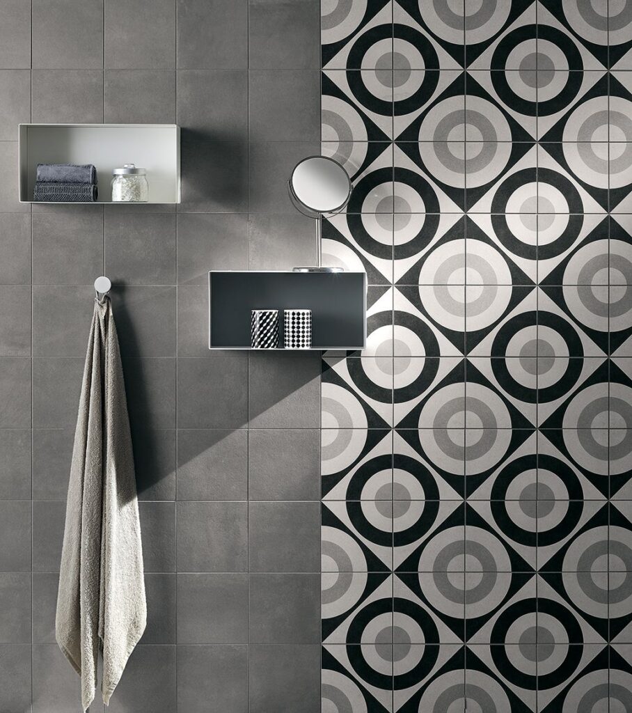 black and white patchwork shower tile