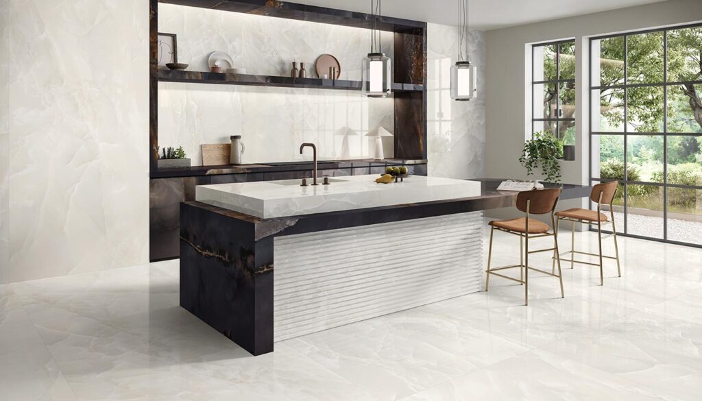 Modern minimalist kitchen with white marble countertop