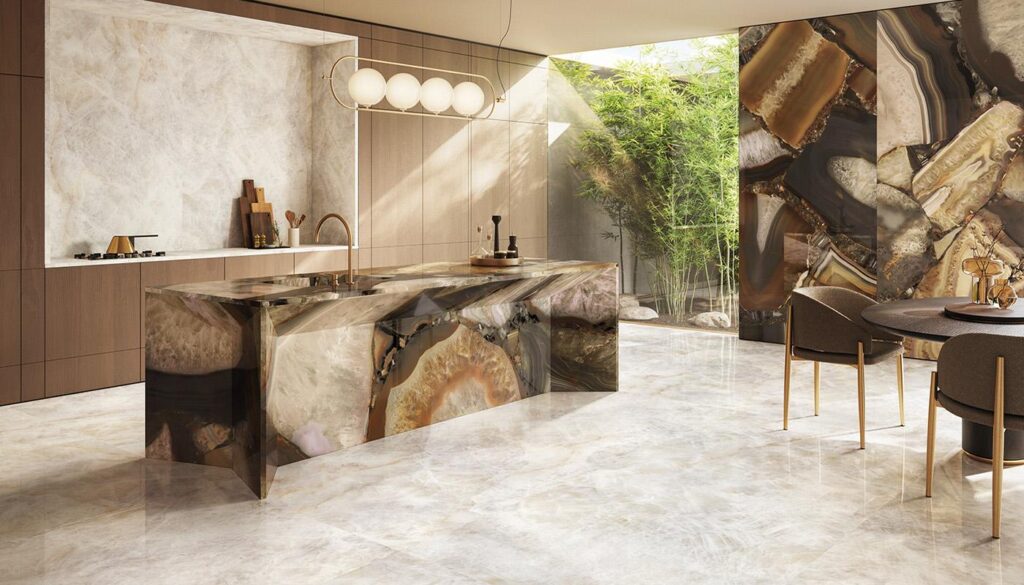 Kitchen with natural brown and tan quartz countertop tile