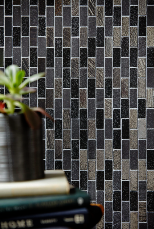 monochromatic black, white, sparkly subway tile