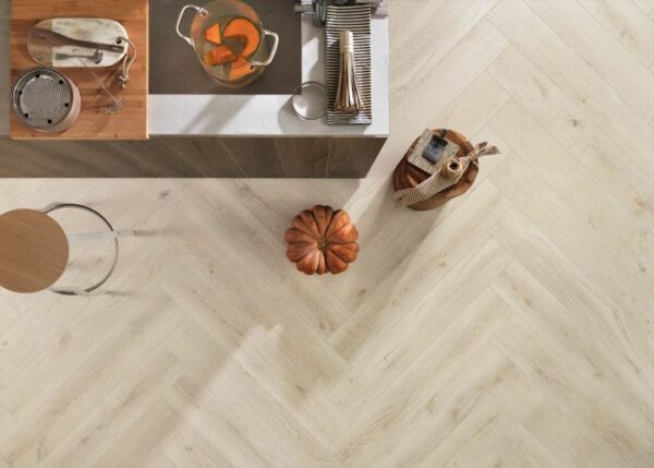 Diagonal wood flooring design in a kitchen