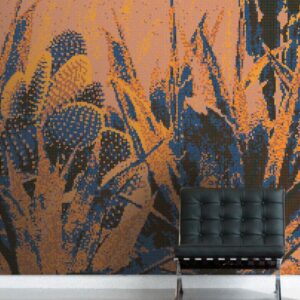 Floral orange and blue glass mosaic tile design