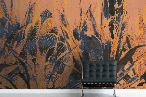 Floral orange and blue glass mosaic tile design