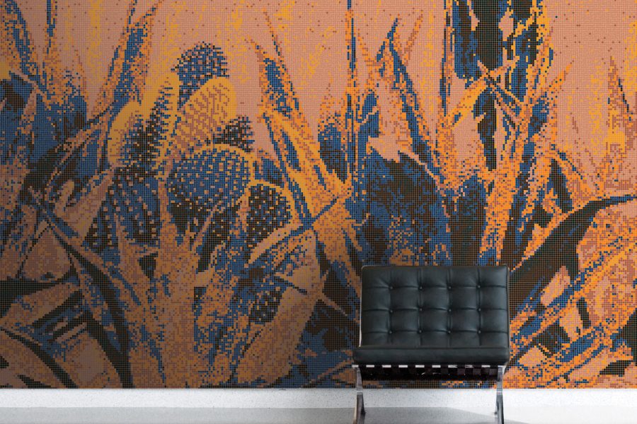 Floral orange and blue glass mosaic tile design