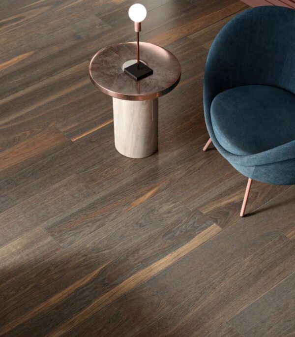 Dark wood flooring under a chair