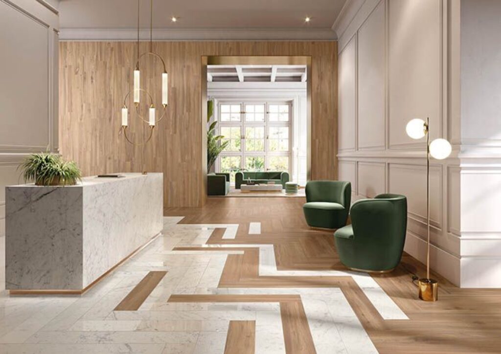 An office entrance with mismatched flooring for aesthetic