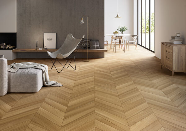 Ceramic wood angled tile flooring in a home