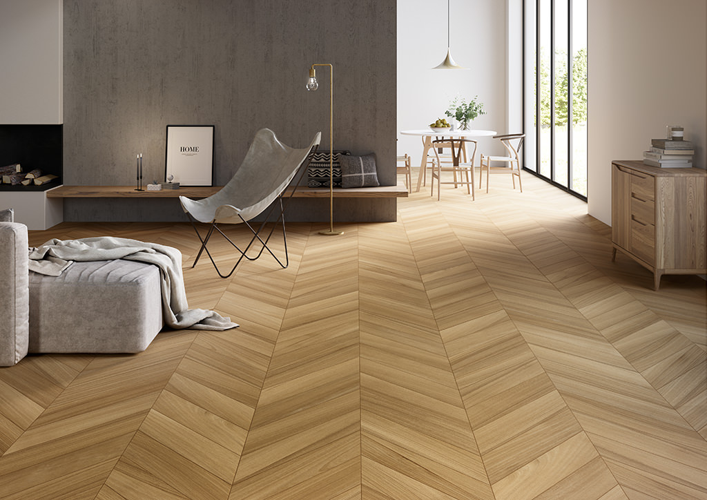 Ceramic wood angled tile flooring in a home