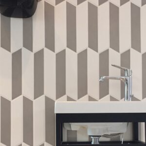 Sink with a white and grey tile backsplash
