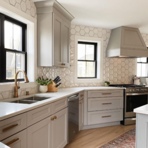 White hexagonal kitchen tile backsplash