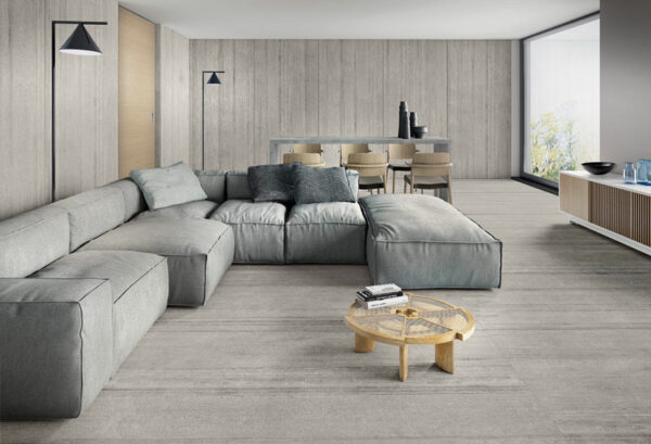 Cement floor tile in living room space.