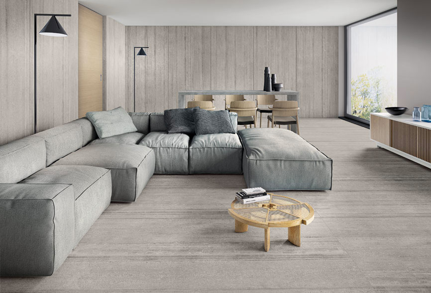 Cement floor tile in living room space.