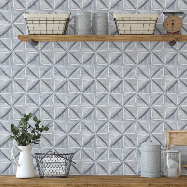 Tile and grout color combination of gray, charcoal, and white.