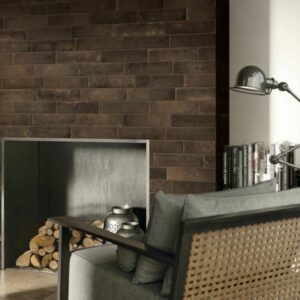 Brick-look tile for fireplace.