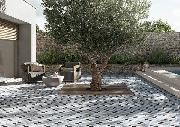 Outdoor tiles for patio with tree in center.