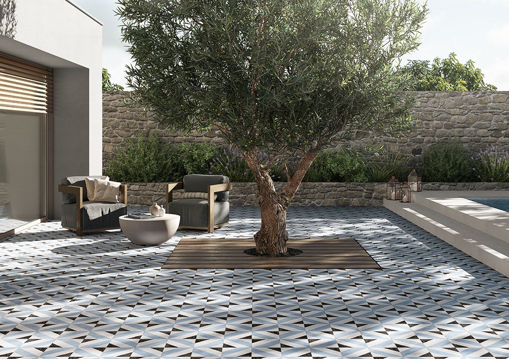 Outdoor tiles for patio with tree in center.