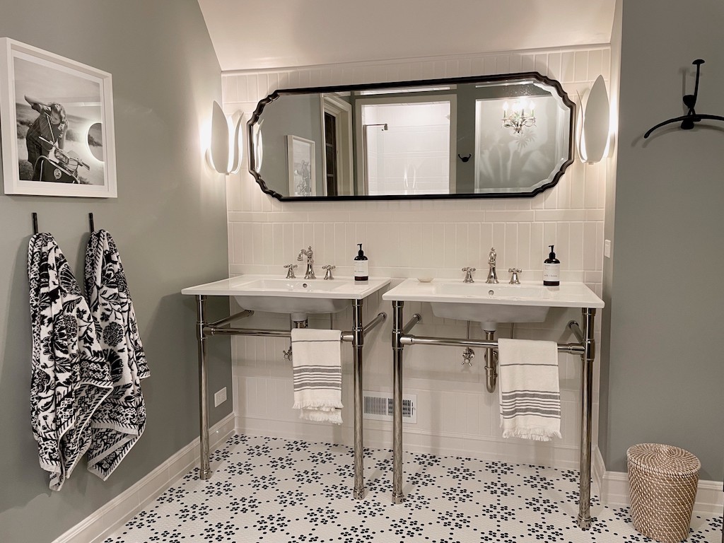 Final bathroom floor tile design in French Normandy style bathroom.