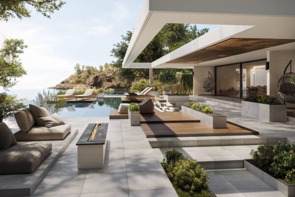Stone-look tile for outdoor commercial patio.