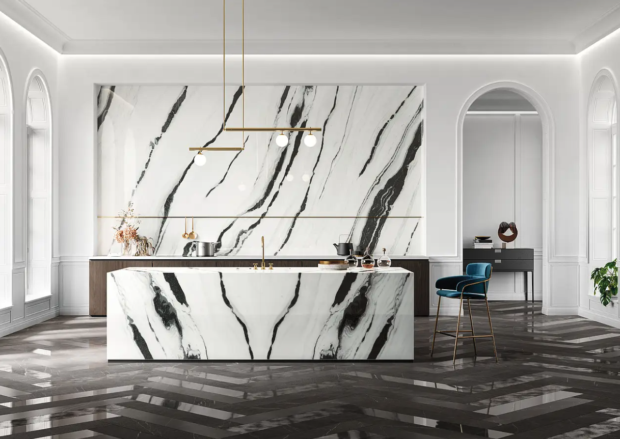 Black and white marble tile design in living area