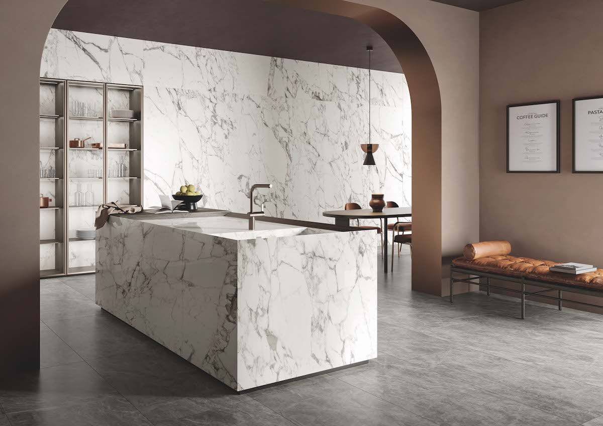 Lavish ceramic kitchen countertop with white marble appearance.